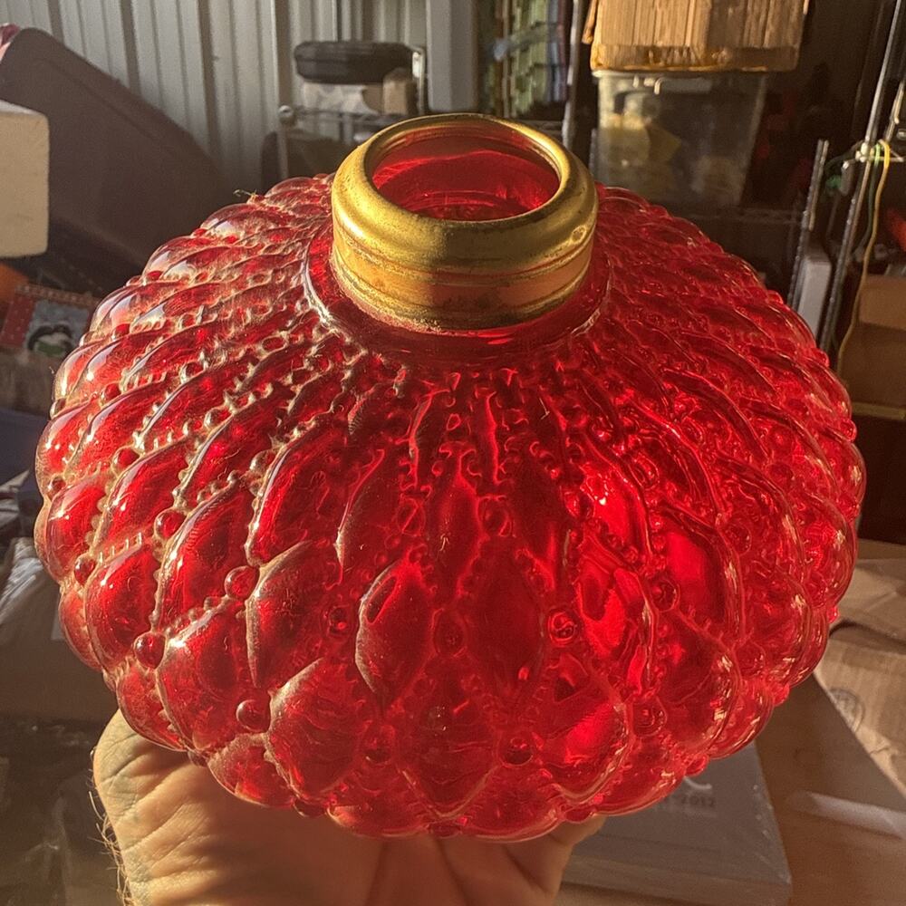 Vintage Ruby Red Hurricane Lamp Bade Diamond Quilted Glass 7”